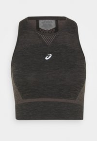 Černá sportovní podprsenka vyrobená z texturovaného materiálu. Obsahuje síťovaný vzor na vrchu a bílé logo Asics ve středu. Bezrukávový design.