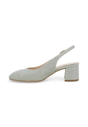 Scarpa slingback in tessuto grigio con tacco a blocco, punta affusolata e cinturino regolabile con fibbia.