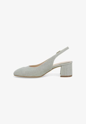 Scarpa slingback in tessuto grigio con tacco a blocco, punta affusolata e cinturino regolabile con fibbia.