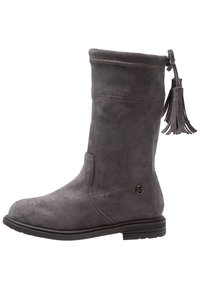 Botte en suède grise mi-mollet avec semelle plate, couture décorative et détail à frange à l'arrière.