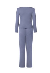Set bestaande uit een langslippige top en een broek in een effen lichtblauwe stof. Glad textuur, comfortabele pasvorm, recht gesneden ontwerp. Geschikt voor vrijetijdskleding.