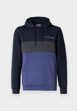 Felpa con cappuccio caratterizzata da un design a blocchi di colore navy, grigio e blu. Presenta una tasca frontale e un cappuccio con cordino. Realizzata in tessuto morbido.