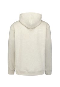 Licht beige hoodie gemaakt van gestructureerde stof. Bevat een kangoeroezak, ribgebreide manchetten en een capuchon. Subtiele print op de achterkant.