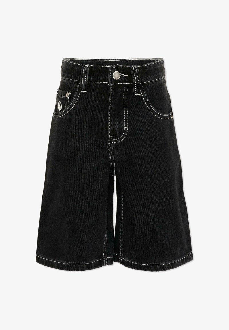 Shorts en jean noir avec couture blanche, fermeture par bouton et zip à l'avant, et un petit détail de signe de paix sur la poche avant droite.