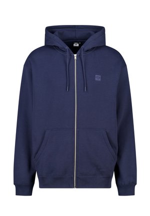 Sweat à capuche zippé bleu marine avec poches avant, capuche réglable avec cordon, et petit logo brodé sur la poitrine gauche.