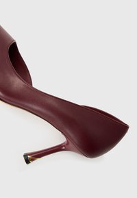 Burgundy high-heeled shoe with a smooth leather finish, pointed toe, cut-out sides, and a slender heel featuring a gold accent at the base.