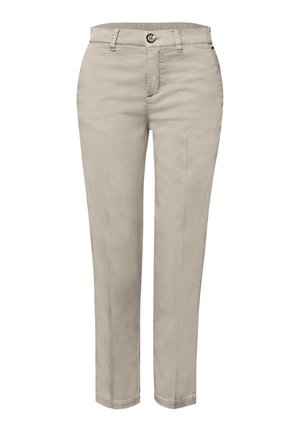 Pantalon beige à jambes droites avec fermeture avant par bouton et fermeture éclair, passants pour ceinture et poches latérales, présenté sur fond blanc.