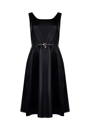Black faux leather dress with a square neckline, sleeveless design, and an A-line shape. Features a thin belt with a decorative buckle.