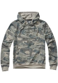 Felpa camo nei toni di grigio e verde, con tasca frontale, cappuccio con cordoncino e bold testuale nero: "Tutto più forte di tutto il resto."