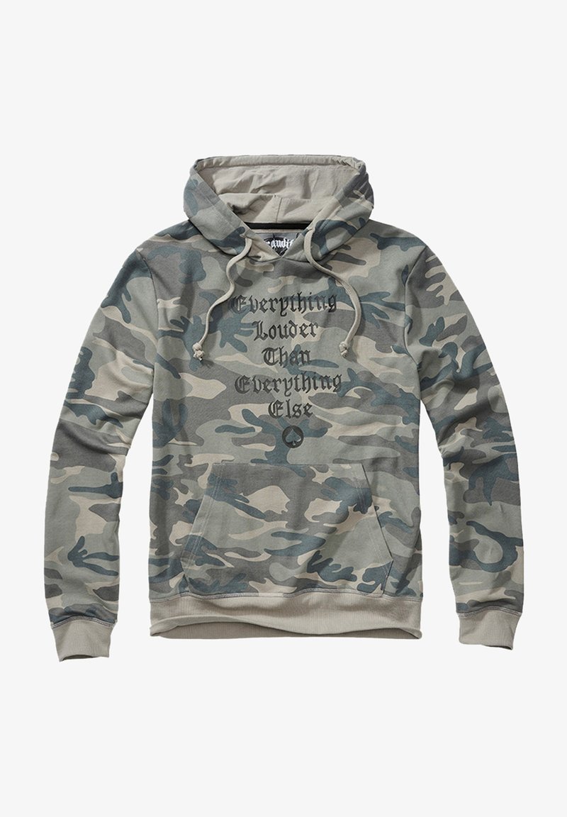 Hallide kamuflaažiga kapuutsiga, halli ja rohelise tooni kombinatsioon, eesmine tasku, reguleeritava nööriga kapuuts ja julge must tekst: "Kõik Valjem Kui Kõik Ülejäänu."