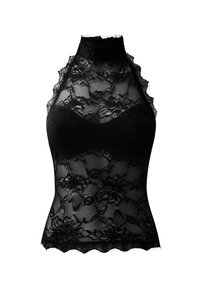 Schwarzes ärmelloses Spitzenoberteil mit hohem Kragen, Blumenmuster und transparentem Mesh-Stoff.