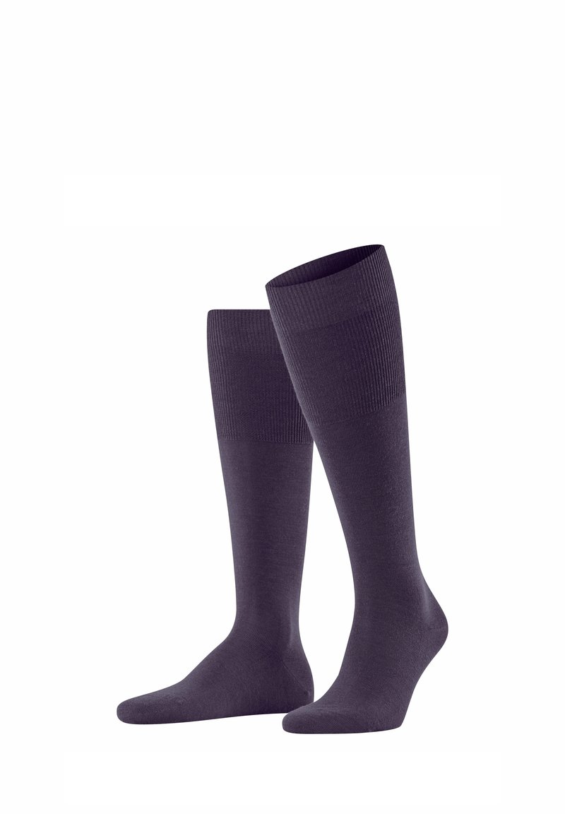 Knielange Socken in Dunkellila, aus einem glatten Material mit einem gerippten oberen Rand und einer verstärkten Zehenpartie, die einen eng anliegenden Sitz bieten.