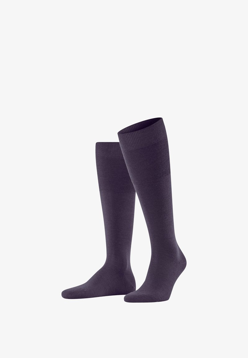 Knielange Socken in Dunkellila, aus einem glatten Material mit einem gerippten oberen Rand und einer verstärkten Zehenpartie, die einen eng anliegenden Sitz bieten.