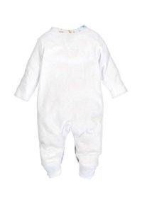 Weißes Baby-Einteiler mit langen Ärmeln und Füßen, von hinten gezeigt, auf weißem Hintergrund.