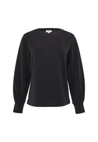 Zwarte sweatshirt met lange mouwen, ronde hals en ribgebreide manchetten. Gemaakt van zacht materiaal met een gladde textuur. Lichtjes ontspannen pasvorm.