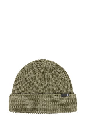 Knit beanie in olive green with a fold-up cuff. Features a textured pattern and a small black brand tag on the side.