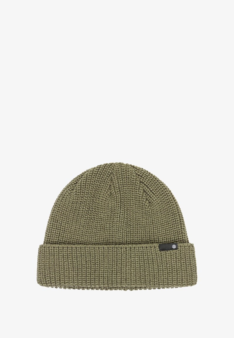 Knit beanie in olive green with a fold-up cuff. Features a textured pattern and a small black brand tag on the side.