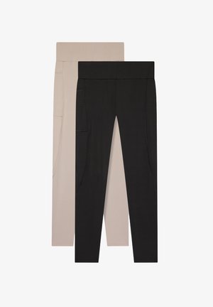 Due leggings attillati: uno beige con tasche laterali e uno nero. Entrambi hanno una cintura ampia e comoda e una texture liscia.