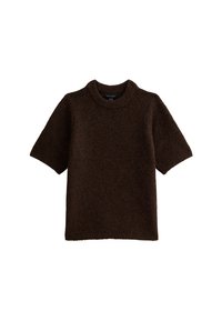 Pull en tricot marron à manches courtes avec un col rond côtelé et une texture douce et duveteuse.