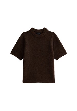 Brown short-sleeve knitted sweater with a round ribbed neckline and a soft, fuzzy texture.