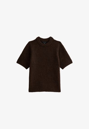 Maglione corto a maniche corte color marrone, con un colletto rotondo a coste e una consistenza morbida e pelosa.