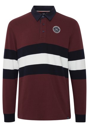 Long-sleeve polo shirt in burgundy with navy and white horizontal stripes, featuring a buttoned collar and a round logo on the left chest.