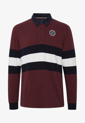 Long-sleeve polo shirt in burgundy with navy and white horizontal stripes, featuring a buttoned collar and a round logo on the left chest.