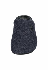 Navy felt slipper with a closed back and rounded toe, featuring a soft texture and a small logo on the side. Designed for indoor use.