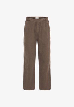 Brune bomullsbukser med løs passform, elastisk midjebånd og rette ben. Har en frontklaff for et avslappet utseende.