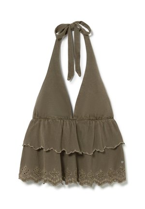 Top sin mangas con cuello halter en V profundo, bajo con volantes en capas y bordado floral en tela de color verde oliva apagado.