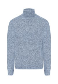 Hellblauer Rollkragenpullover mit einer gesprenkelten Textur, langen �Ärmeln und gerippten Bündchen. Hergestellt aus weichem Strickmaterial.