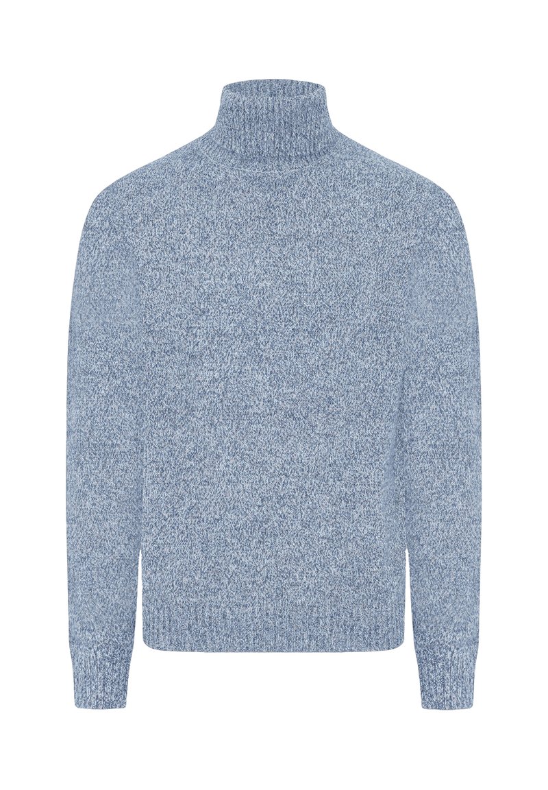 Hellblauer Rollkragenpullover mit einer gesprenkelten Textur, langen Ärmeln und gerippten Bündchen. Hergestellt aus weichem Strickmaterial.