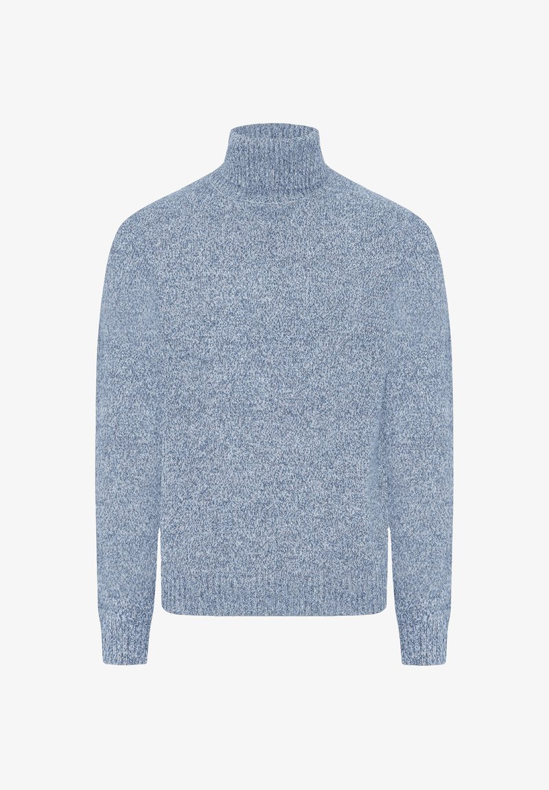 Jasnoniebieski sweter z golfem o drobnej fakturze, z długimi rękawami i prążkowanymi mankietami. Wykonany z miękkiego dzianinowego materiału.