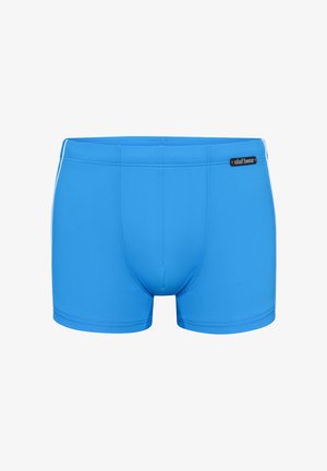 Pantaloncini da bagno da uomo di colore blu brillante con gambe a taglio quadrato e una piccola etichetta nera "olaf benz" sul lato destro della cintura.