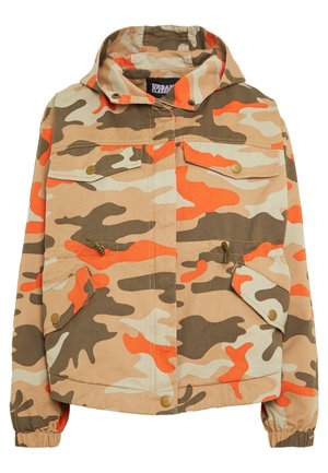 Camo jacket with a hood. Made of cotton, featuring orange, brown, and beige patterns, two front pockets, and elastic cuffs.