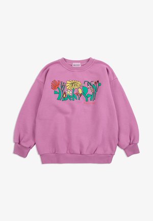 Purple sweatshirt with colorful abstract floral graphic and small "BOBO CHOSES" text on chest, ribbed cuffs and hem, crew neckline.