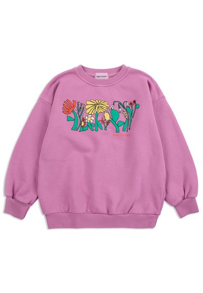 Sweat-shirt violet avec motif floral abstrait coloré et petit texte "BOBO CHOSES" sur la poitrine, poignets et ourlet côtelés, col rond.