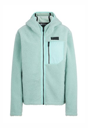 Mint green fleece jacket with a zip closure, a hood, and a chest pocket. Soft texture, featuring black accents and subtle branding.