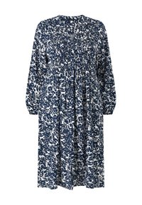 Robe florale avec un imprimé bleu marine et blanc, manches longues, corsage smocké et une coupe décontractée qui tombe sous le genou.
