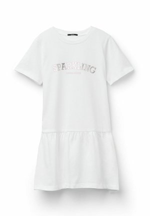 White short-sleeve dress with a gathered hem, featuring "SPARKLING CHEERLEADER" printed in pink and silver. Made of soft cotton material.