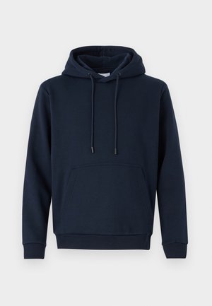 Sweat à capuche bleu marine en mélange de coton, avec un cordon de serrage, poche kangourou à l'avant, poignets et ourlet côtelés. Texture lisse, design décontracté.