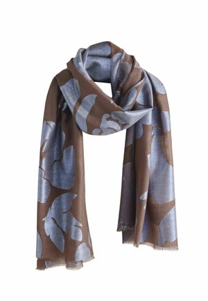 Brown scarf with large metallic blue floral patterns, loosely draped with fringed edges, on a white background.