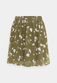 Jupe courte vert olive avec imprimé floral blanc et gris et taille élastique froncée.