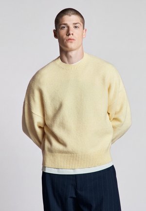 Jeune homme aux cheveux courts portant un pull jaune pâle et un pantalon foncé, debout devant un fond uni gris clair.