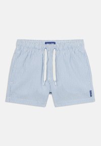 Shorts de bain rayés en bleu clair et blanc. Ceinture élastique avec cordon de serrage. Poches latérales et une petite étiquette bleue sur l'ourlet.