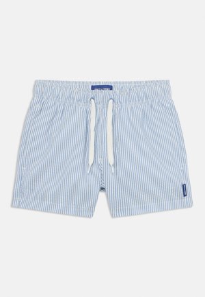 Costumi da bagno a righe in azzurro chiaro e bianco. Vita elastica con cordoncino. Tasche laterali e una piccola etichetta blu sull'orlo.