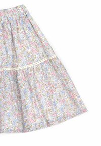 Falda de algodón floral con un diseño recogido, que presenta colores pasteles de rosa, azul y marrón, y un borde de encaje en la cintura.