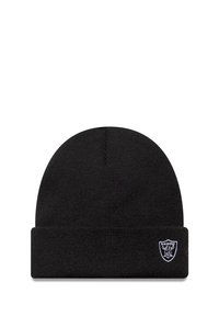 Schwarze Strickmütze mit umgeschlagenem Saum. Verfügt über ein weißes gesticktes Logo auf der Vorderseite. Weicher Stoff und rundes Oberteil.