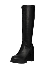 Bota negra hasta la rodilla hecha de cuero suave, con un tacón grueso y suela de goma con textura para un mejor agarre.