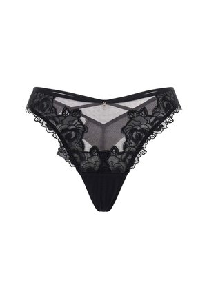 Zwarte kantstring met floral patroon, doorschijnende mesh-panelen, golvende randen en een klein metalen detail aan de tailleband.